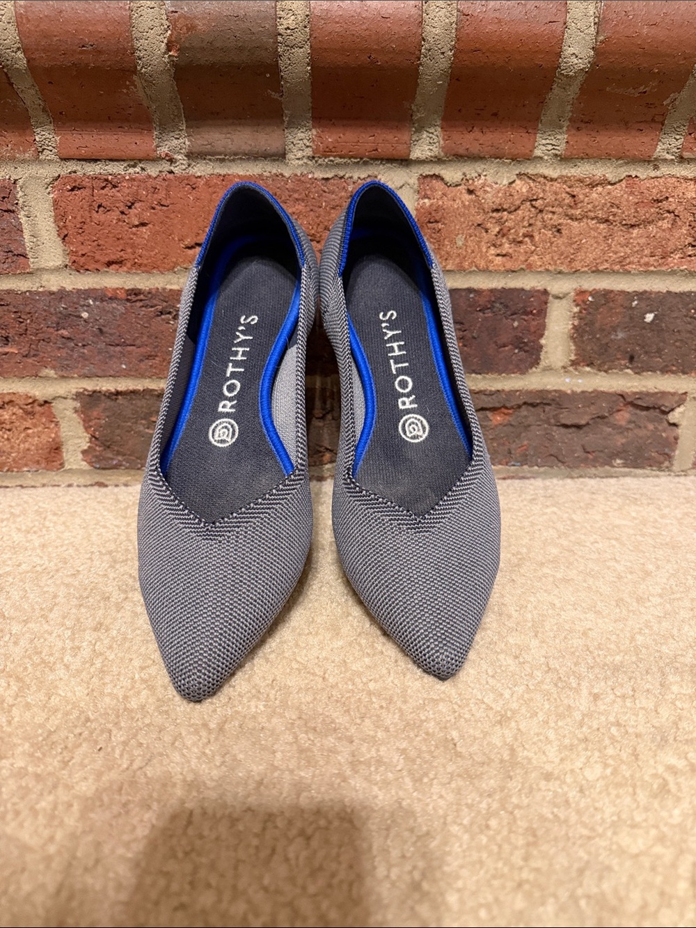 Rothy's Pointed Knit Flats in Gray with Blue Trim